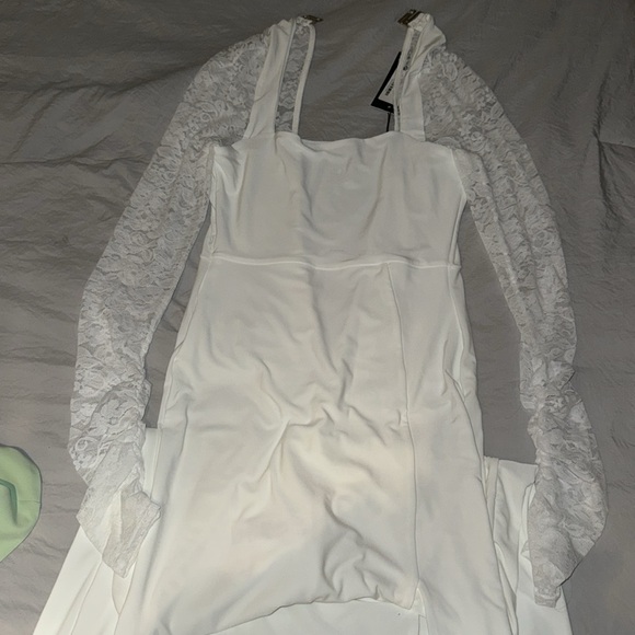 Club L London split leg lace sleeve square next maxi dress white womens size 4 - Picture 4 of 6